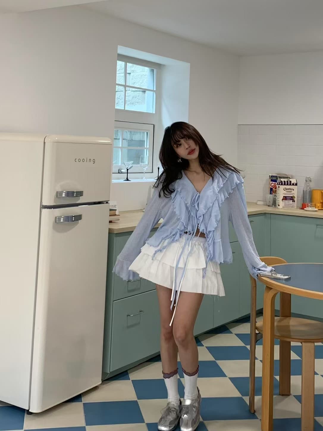 있음 선적 사이즈 업데이트 한국 chic 여름 새로운 달콤함 V넥 레이스업 나팔 소매 긴팔 오픈 가디건 상세 이미지 9