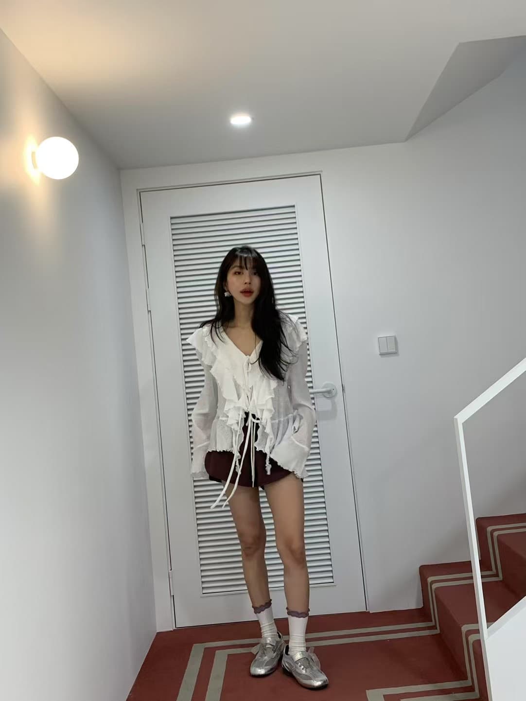 있음 선적 사이즈 업데이트 한국 chic 여름 새로운 달콤함 V넥 레이스업 나팔 소매 긴팔 오픈 가디건 상세 이미지 12
