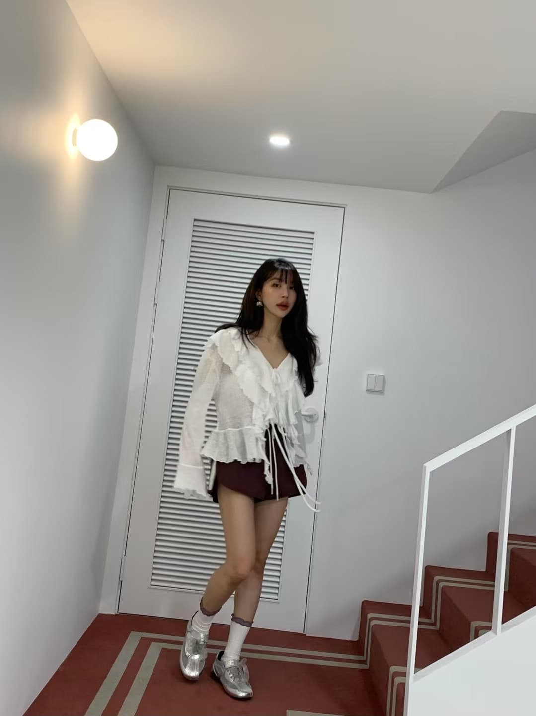 있음 선적 사이즈 업데이트 한국 chic 여름 새로운 달콤함 V넥 레이스업 나팔 소매 긴팔 오픈 가디건 상세 이미지 14