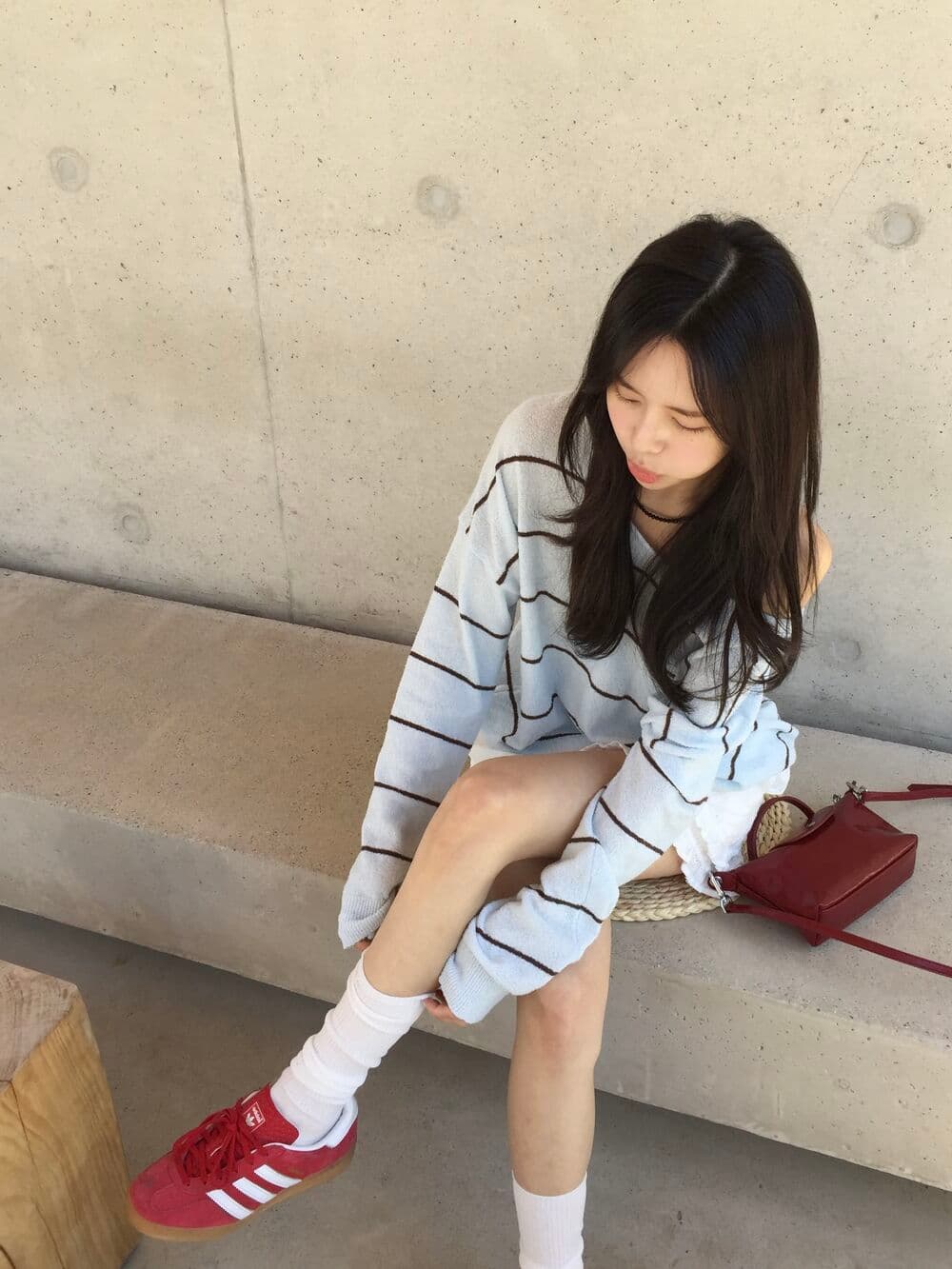 있음 선적 사이즈 업데이트 한국 chic 새로운 프랑스식 디자인 센스 이후 홀로우 아웃 레이스업 스트라이프 니트 스웨터 상세 이미지 32