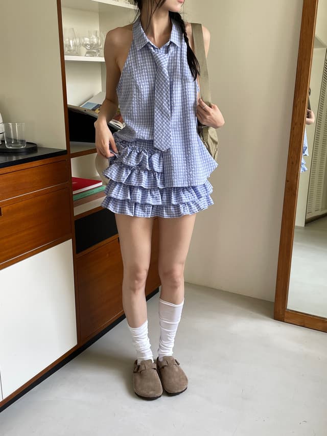 한국 chic 여름 새로운 ins 레트로 학원 스타일 체크무늬 행침 목 넥타이 셔츠 반신 바지 세트 상세 이미지 2