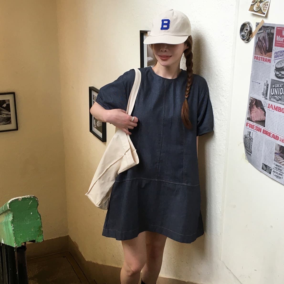 한국 chic 여름 새로운 ins 레트로 학원 스타일 라운드 넥 귀여운 뒤로 못 버클 데님 드레스 이미지 3