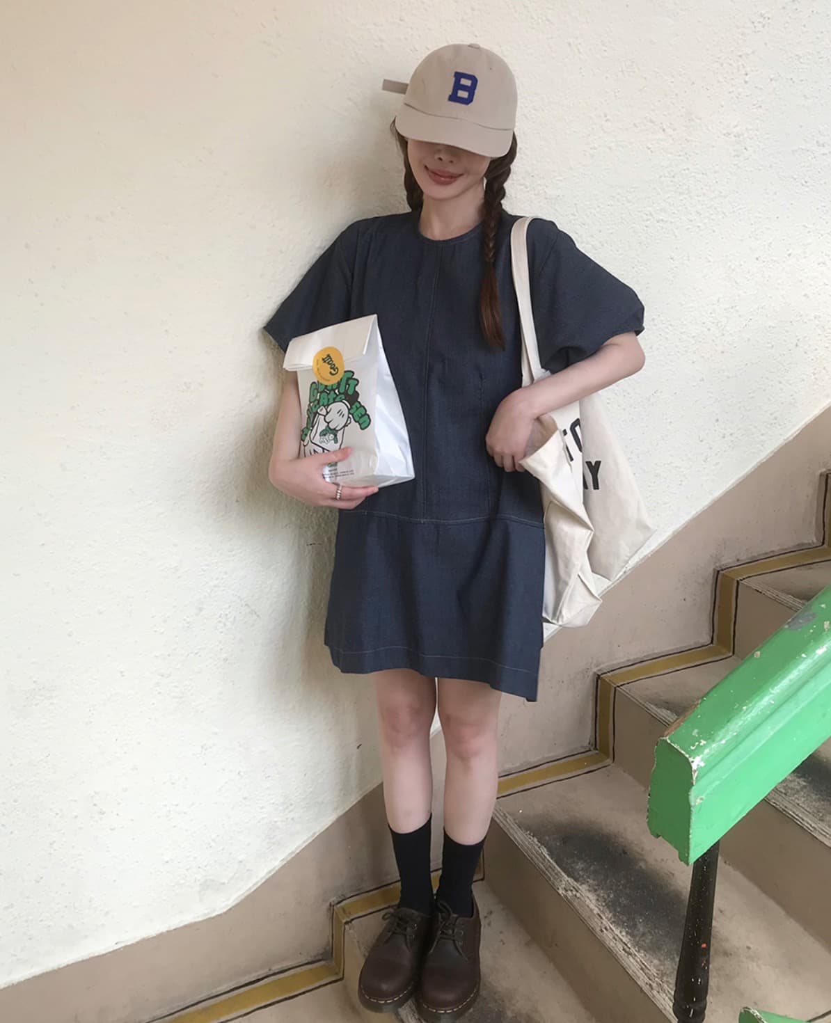 한국 chic 여름 새로운 ins 레트로 학원 스타일 라운드 넥 귀여운 뒤로 못 버클 데님 드레스 상세 이미지 15