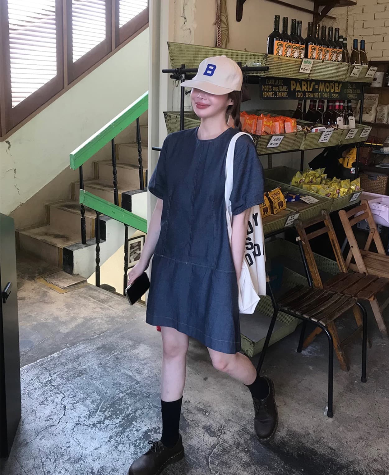 한국 chic 여름 새로운 ins 레트로 학원 스타일 라운드 넥 귀여운 뒤로 못 버클 데님 드레스 상세 이미지 19