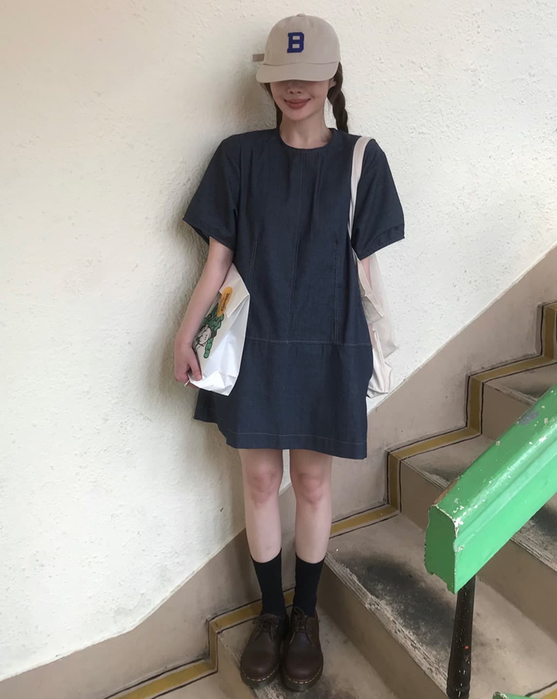 한국 chic 여름 새로운 ins 레트로 학원 스타일 라운드 넥 귀여운 뒤로 못 버클 데님 드레스 상세 이미지 28