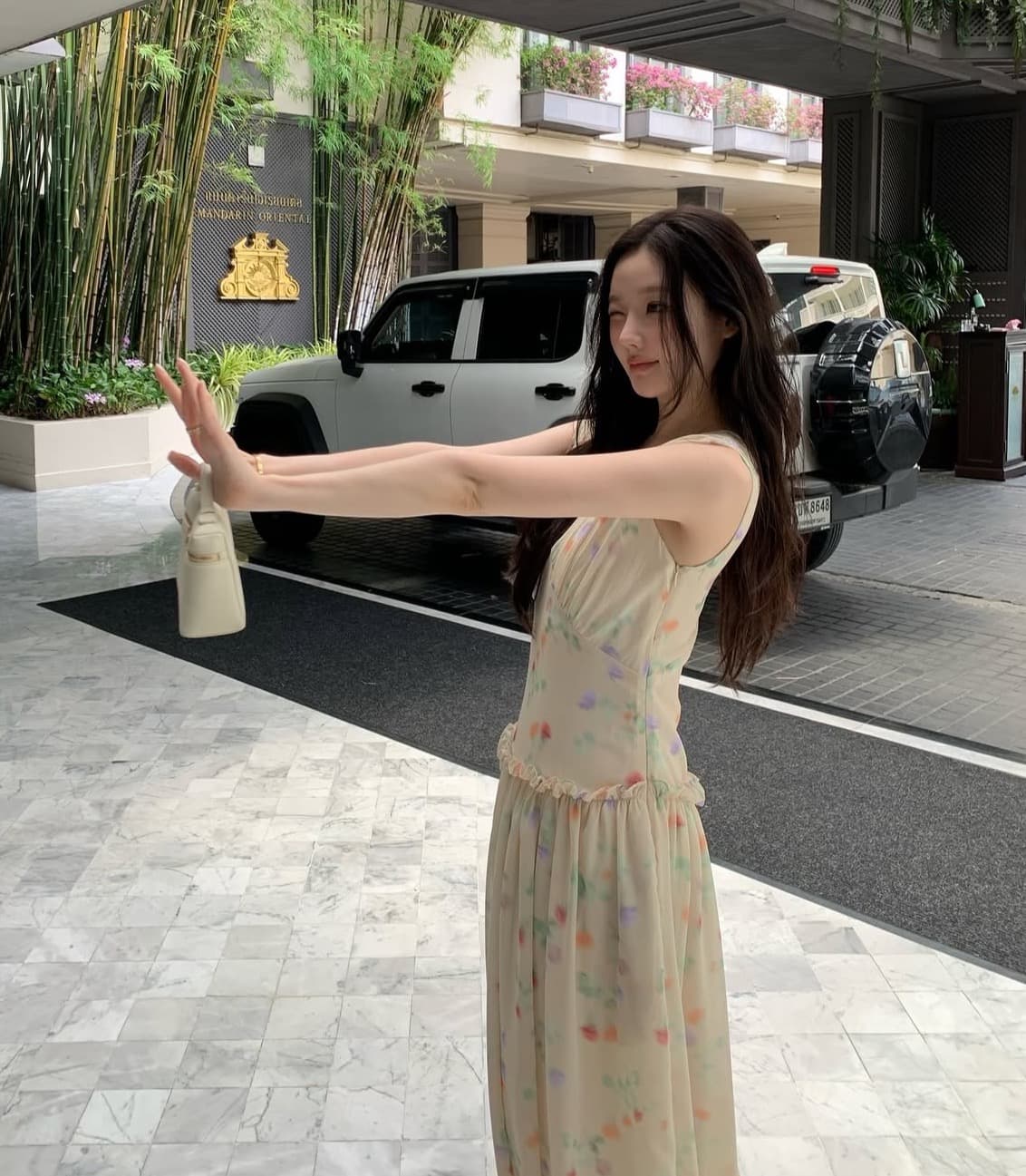 있음 선적 한국 chic 여름 ins 달콤함 V넥 휴가 바람 목이버섯 레이스 프린트 슬림해 보이는 롱 코트 드레스 상세 이미지 31