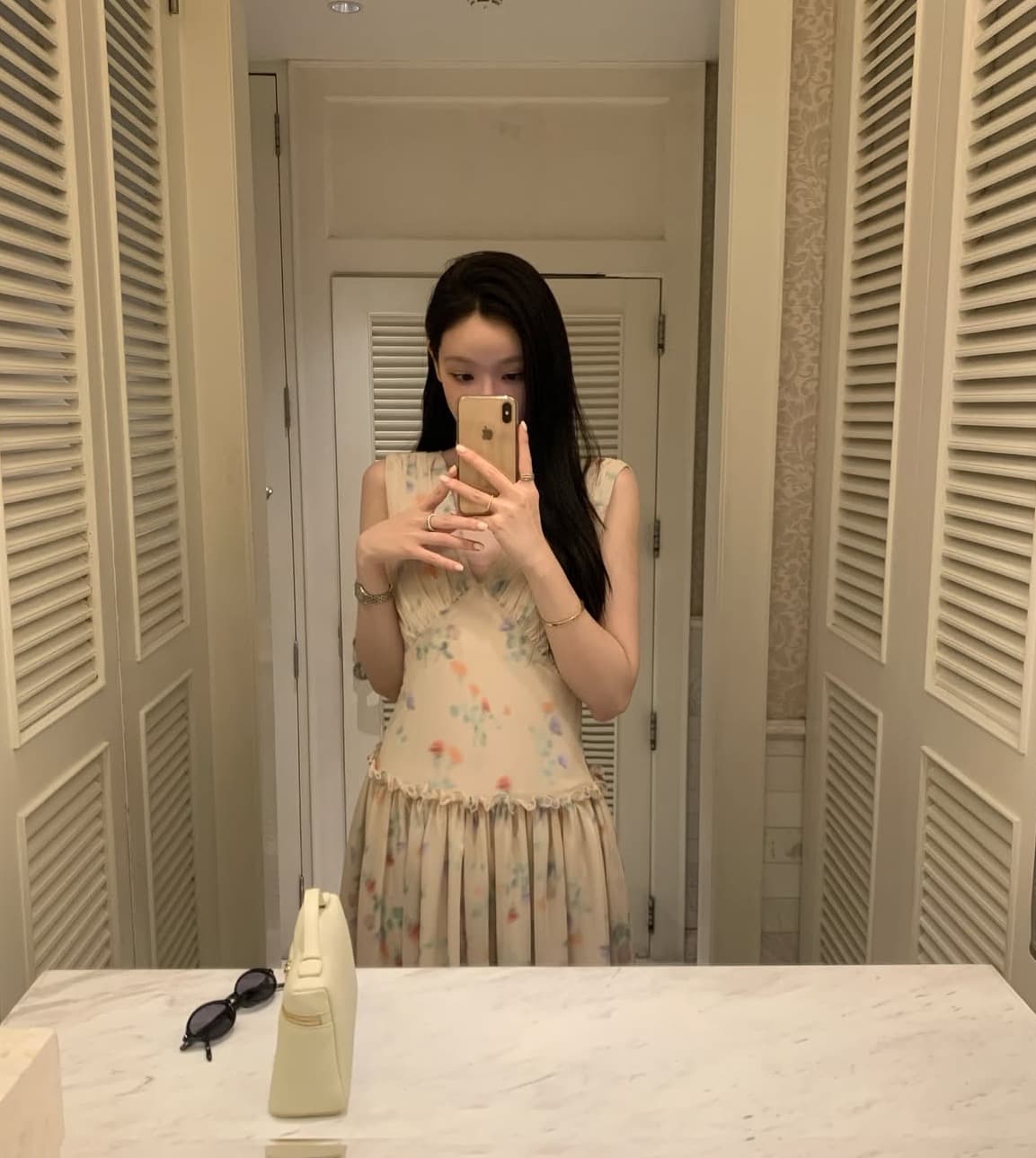 있음 선적 한국 chic 여름 ins 달콤함 V넥 휴가 바람 목이버섯 레이스 프린트 슬림해 보이는 롱 코트 드레스 상세 이미지 32