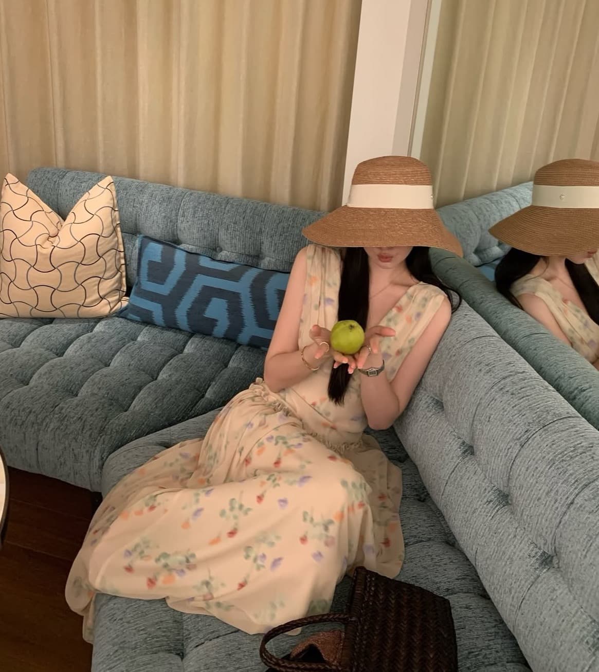있음 선적 한국 chic 여름 ins 달콤함 V넥 휴가 바람 목이버섯 레이스 프린트 슬림해 보이는 롱 코트 드레스 상세 이미지 35