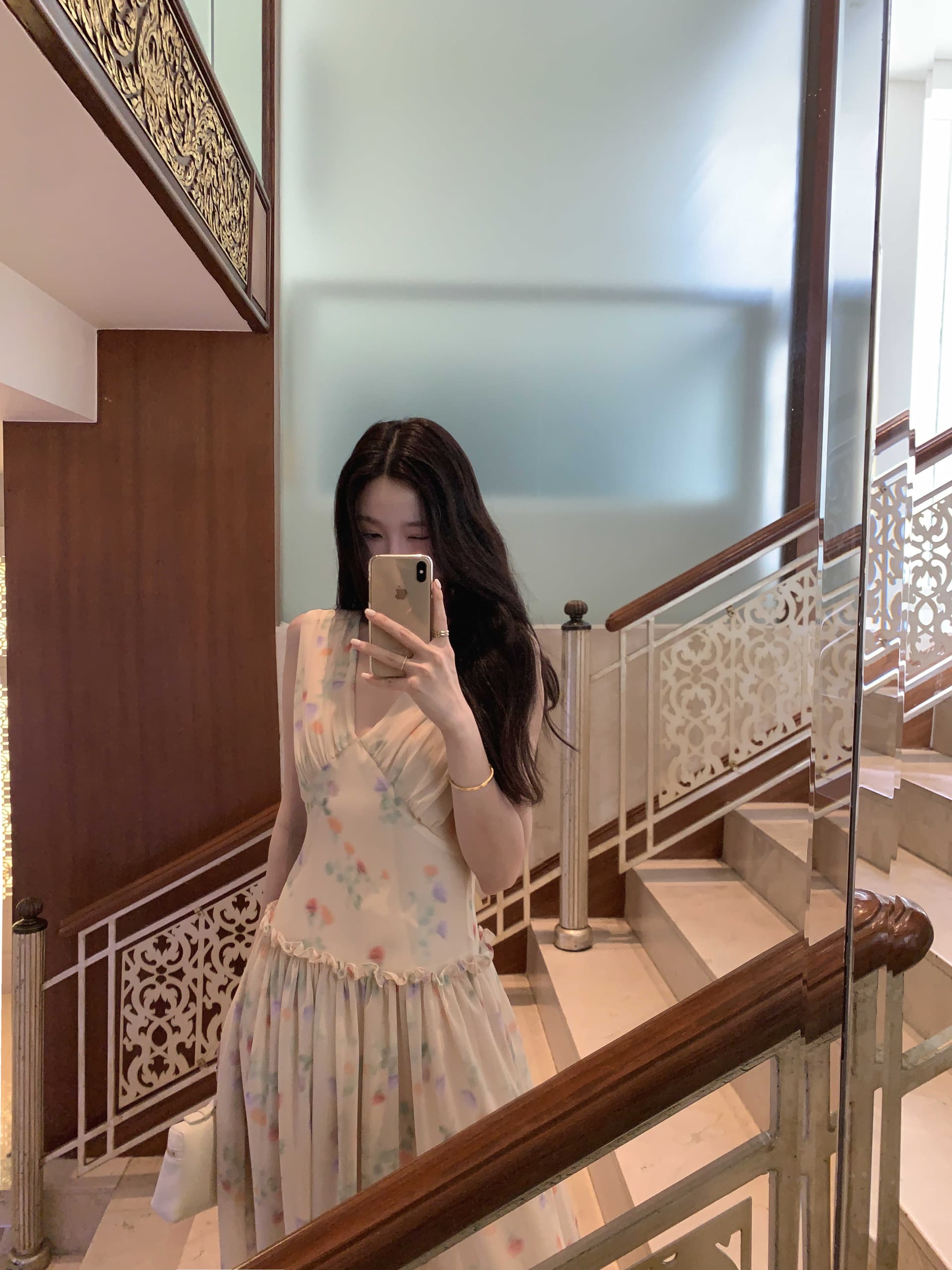있음 선적 한국 chic 여름 ins 달콤함 V넥 휴가 바람 목이버섯 레이스 프린트 슬림해 보이는 롱 코트 드레스 상세 이미지 8