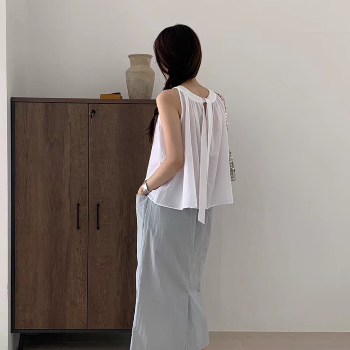 있음 선적 사이즈 업데이트 한국 chic 여름 프랑스식 뒤로 미니멀리즘 레이스업 셔츠 연령 감소 맨위 이미지 5