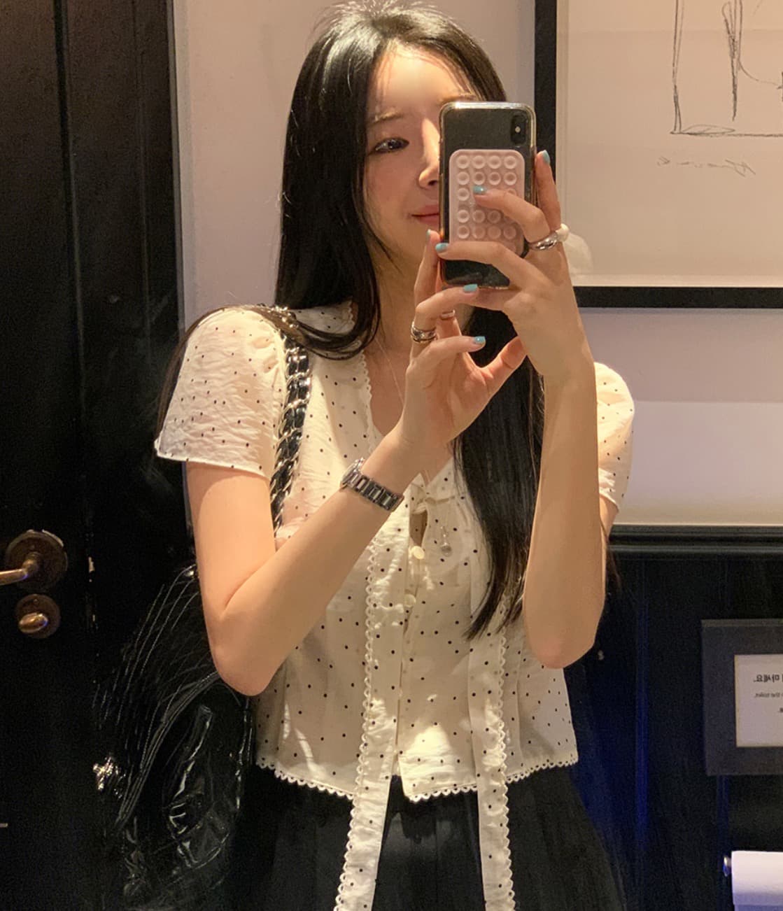 있음 선적 사이즈 업데이트 한국 chic 여름 새로운 달콤함 레이스 레이스 도트 무늬 리본 셔츠 상세 이미지 23