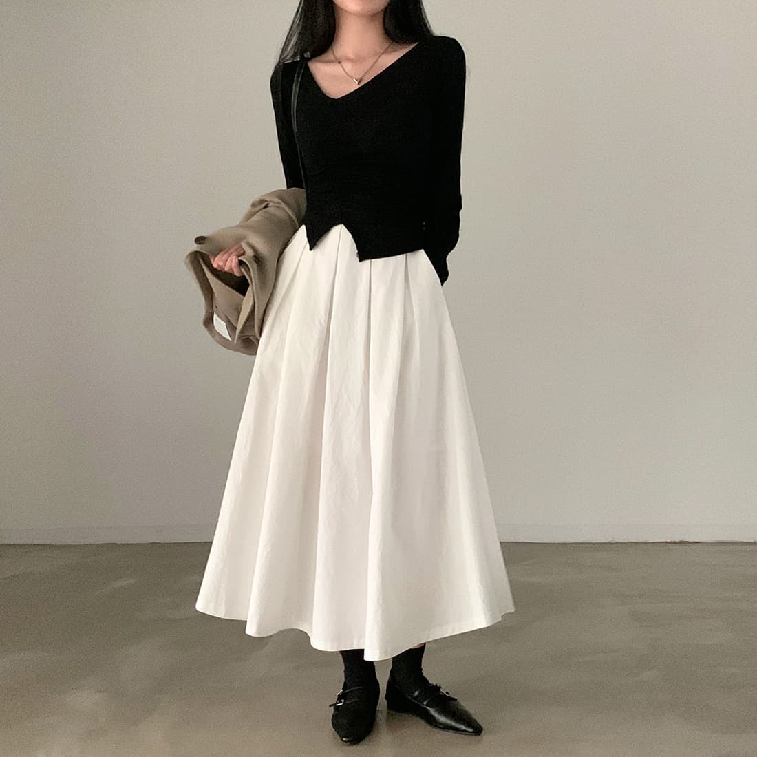 있음 선적 사이즈 업데이트 한국 chic 새로운 프랑스식 미니멀리즘 중간 길이 표지 십자가 A라인 스커트 반신 스커트 상세 이미지 29