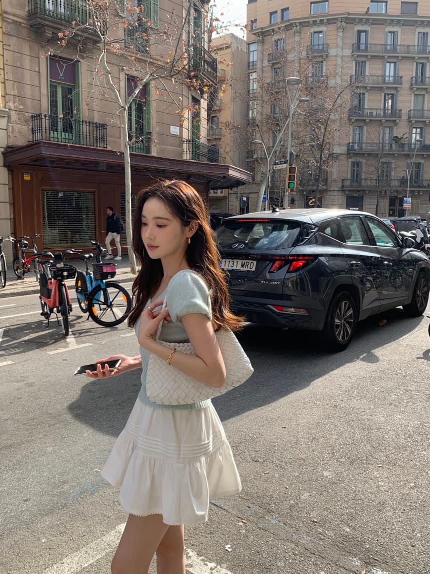 있음 선적 사이즈 업데이트 한국 chic 여름 새로운 달콤함 V넥 니트 스웨터 연령 감소 반신 치마 세트 상세 이미지 7