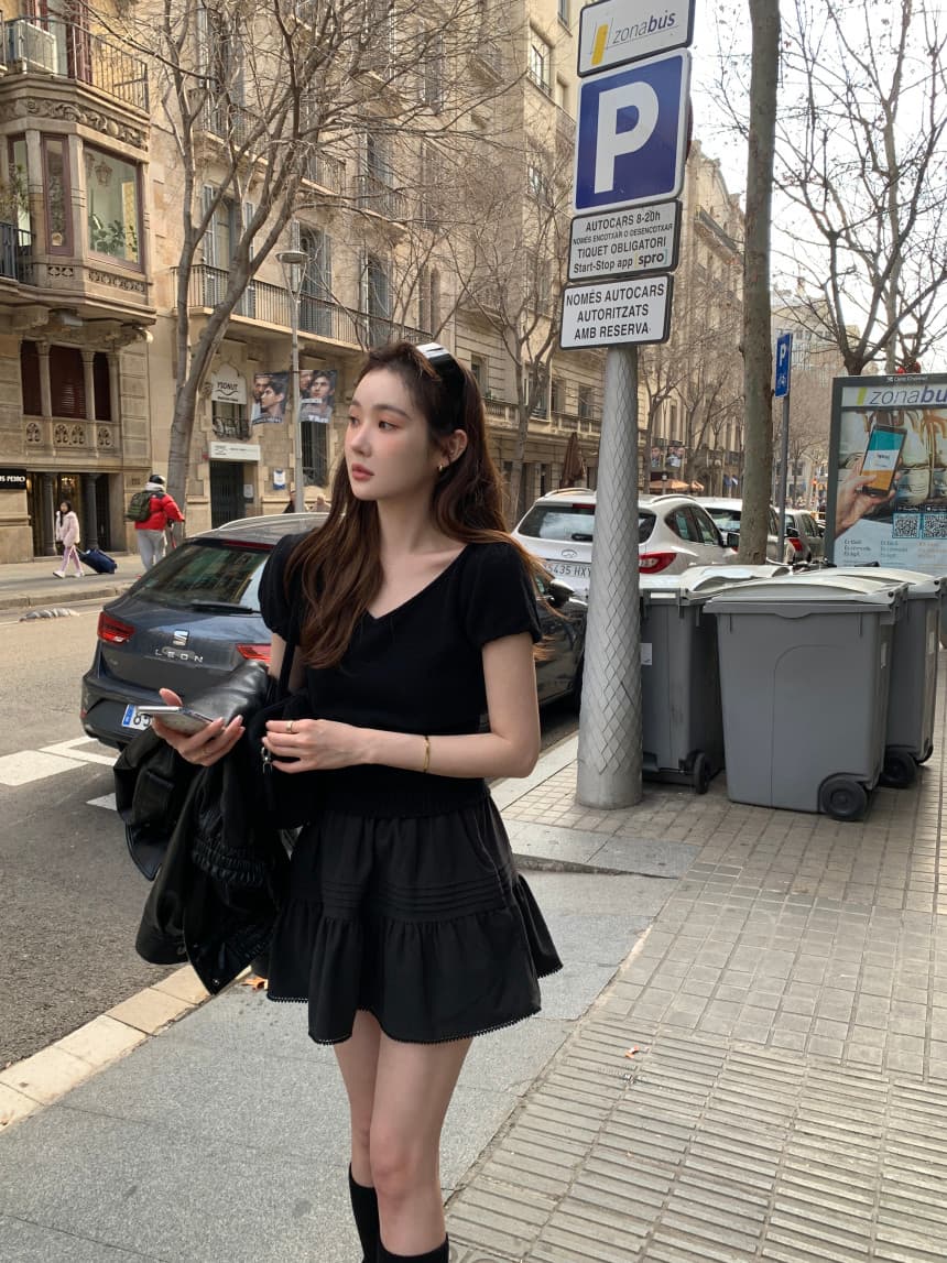 있음 선적 사이즈 업데이트 한국 chic 여름 새로운 달콤함 V넥 니트 스웨터 연령 감소 반신 치마 세트 상세 이미지 25