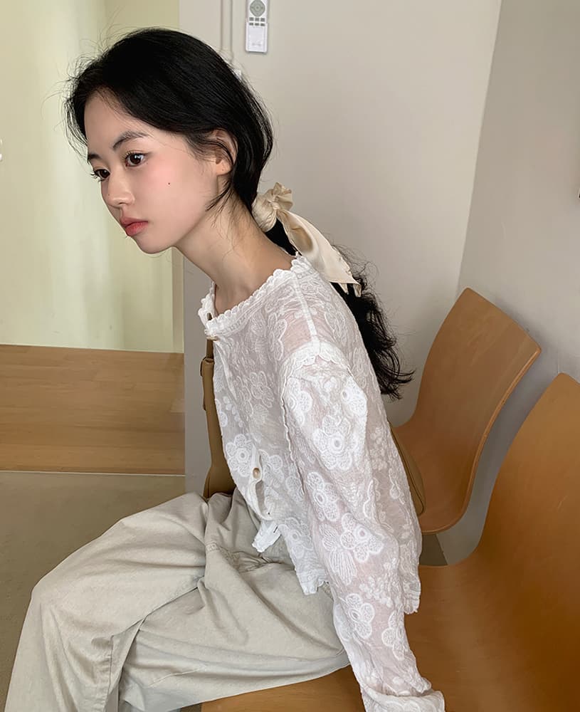 있음 선적 사이즈 업데이트 한국 chic 여름 새로운 프랑스식 레이스 라운드 넥 자수 꽃 문예 바람 셔츠 이미지 4