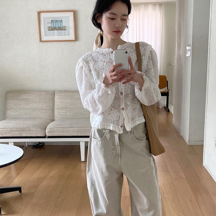 있음 선적 사이즈 업데이트 한국 chic 여름 새로운 프랑스식 레이스 라운드 넥 자수 꽃 문예 바람 셔츠 이미지 5
