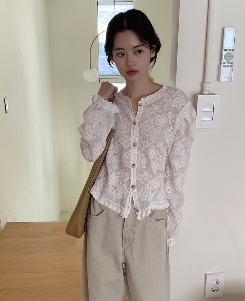있음 선적 사이즈 업데이트 한국 chic 여름 새로운 프랑스식 레이스 라운드 넥 자수 꽃 문예 바람 셔츠 상세 이미지 1