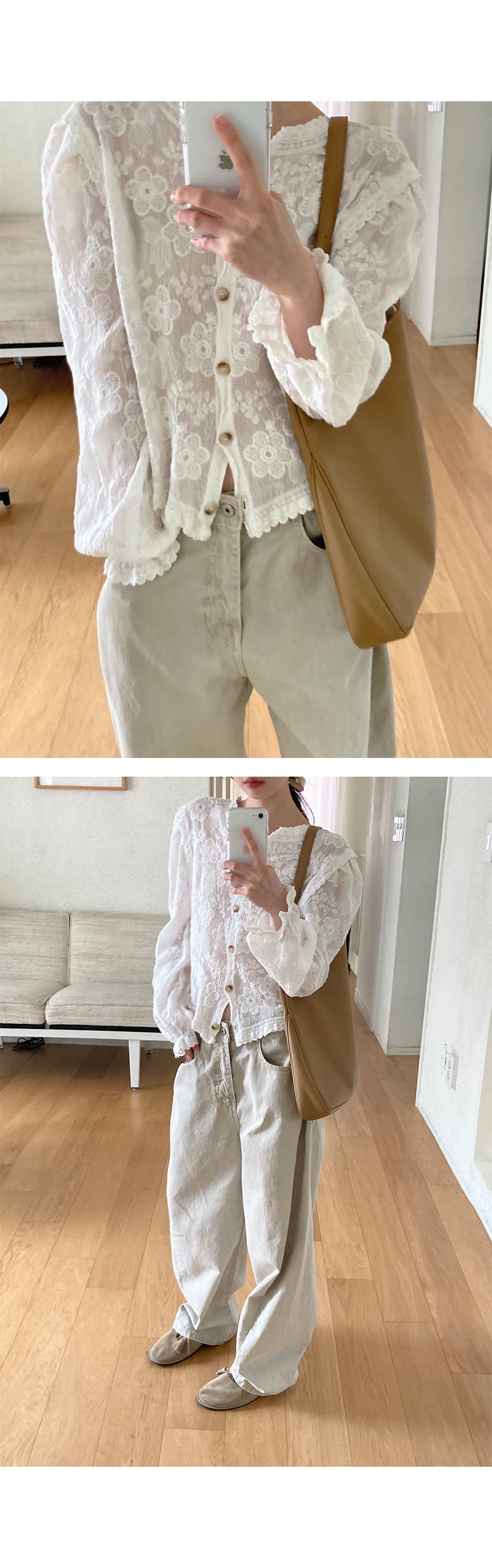 있음 선적 사이즈 업데이트 한국 chic 여름 새로운 프랑스식 레이스 라운드 넥 자수 꽃 문예 바람 셔츠 상세 이미지 9