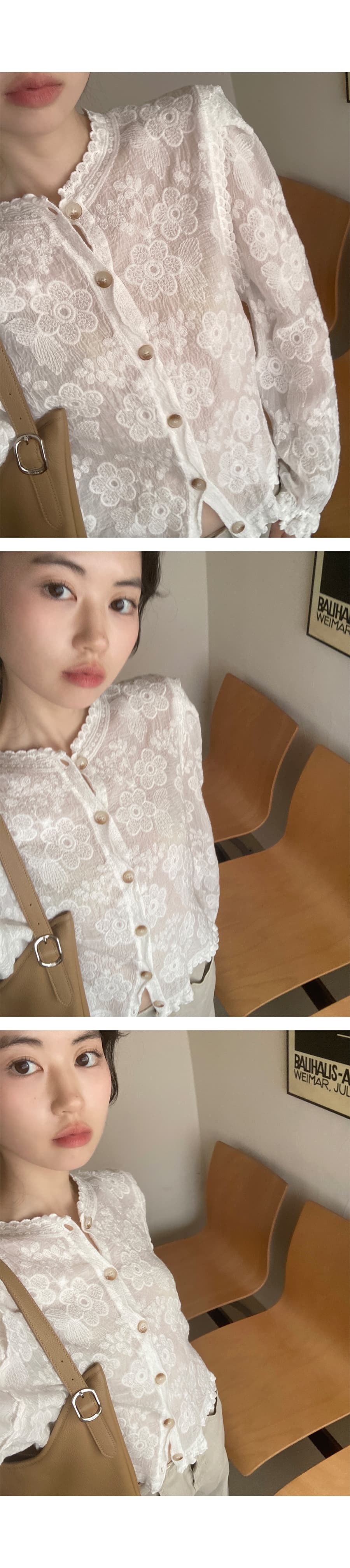 있음 선적 사이즈 업데이트 한국 chic 여름 새로운 프랑스식 레이스 라운드 넥 자수 꽃 문예 바람 셔츠 상세 이미지 14