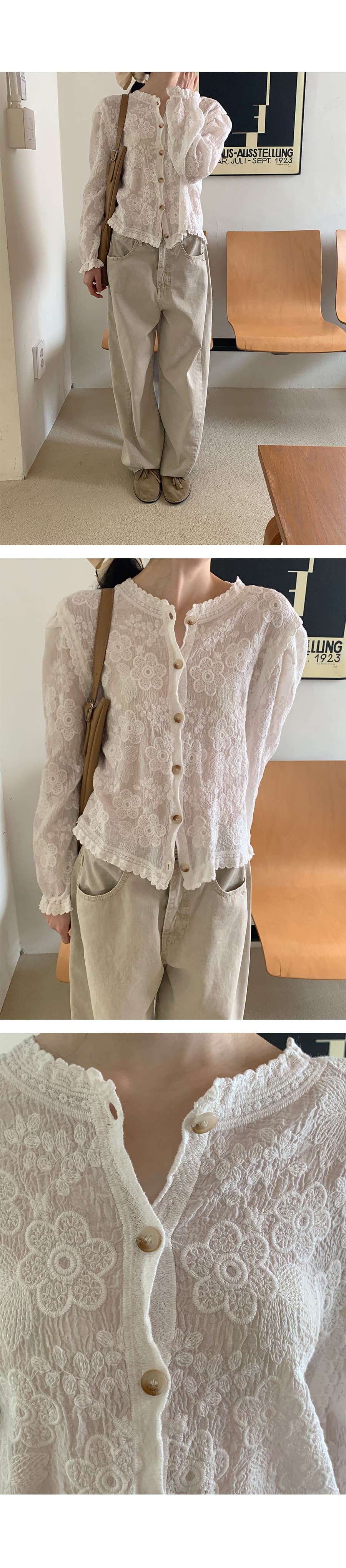 있음 선적 사이즈 업데이트 한국 chic 여름 새로운 프랑스식 레이스 라운드 넥 자수 꽃 문예 바람 셔츠 상세 이미지 20