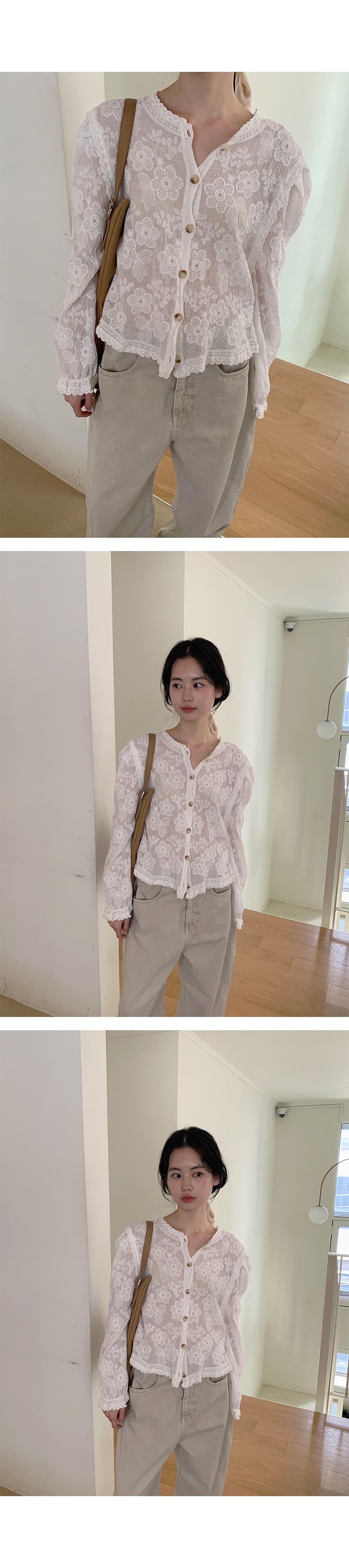 있음 선적 사이즈 업데이트 한국 chic 여름 새로운 프랑스식 레이스 라운드 넥 자수 꽃 문예 바람 셔츠 상세 이미지 25