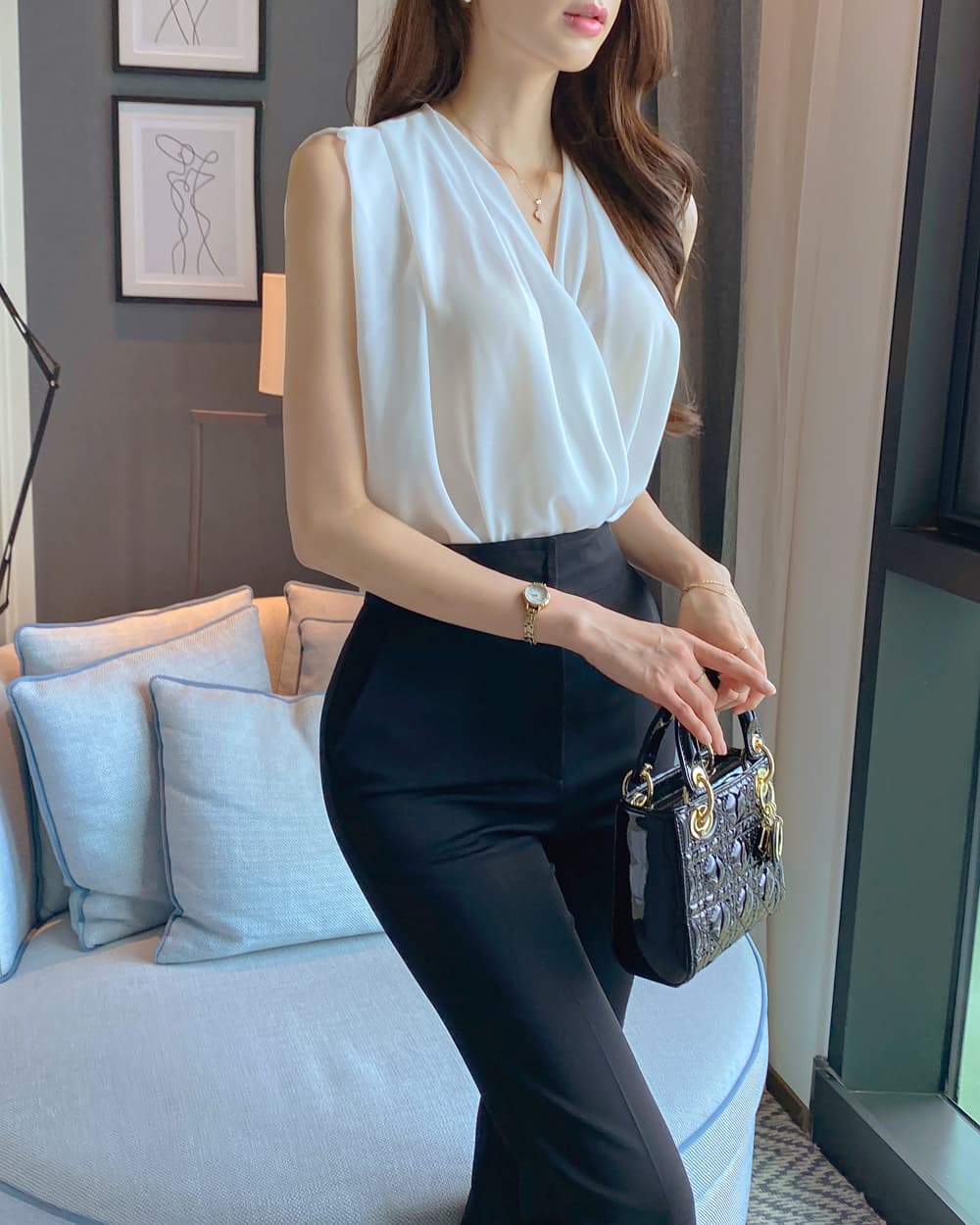 있음 선적 사이즈 업데이트 chic 여름 새로운 프랑스식 V넥 민소매 여성 셔츠 슬림해 보이는 품격 다용도 맨위 상세 이미지 2