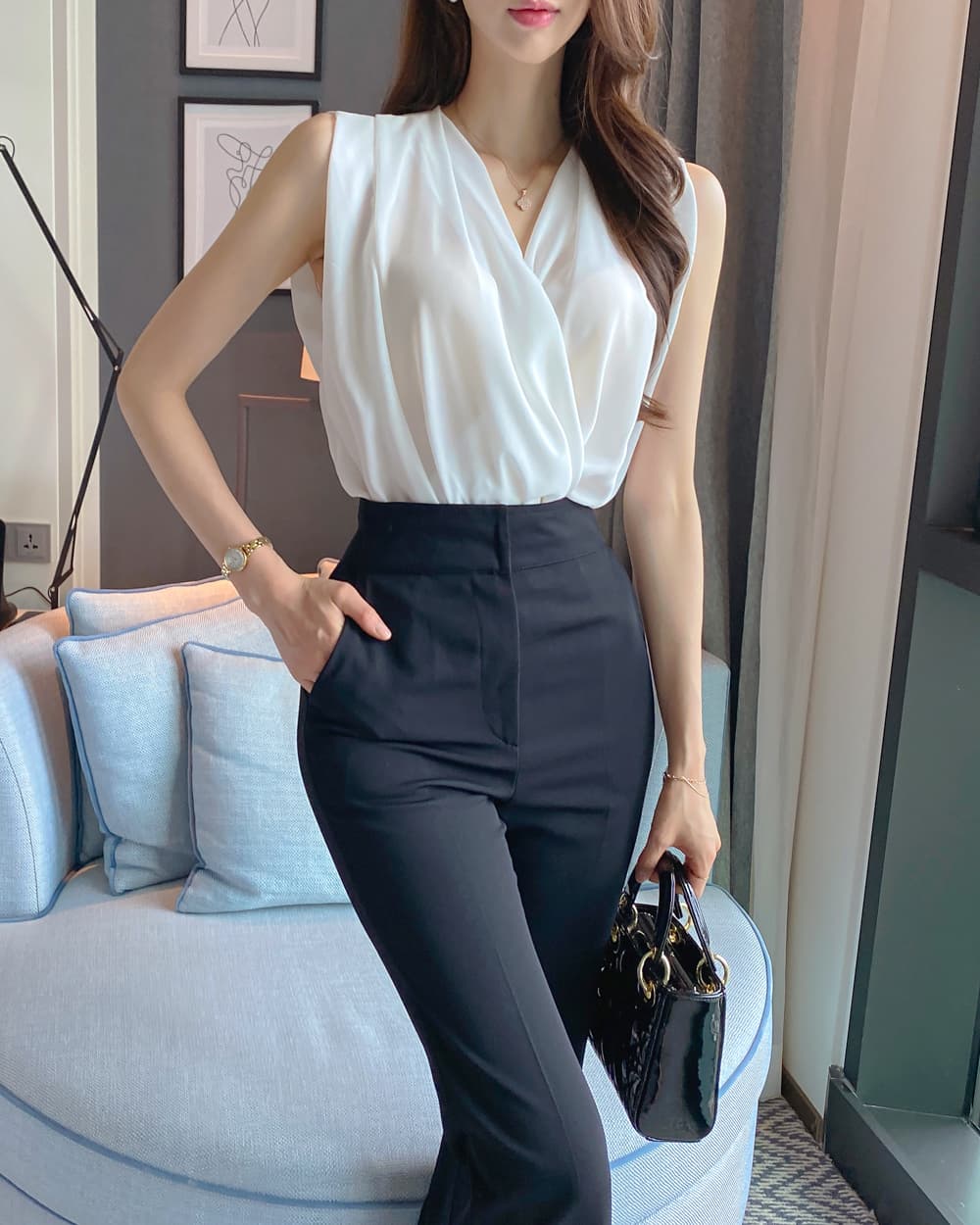 있음 선적 사이즈 업데이트 chic 여름 새로운 프랑스식 V넥 민소매 여성 셔츠 슬림해 보이는 품격 다용도 맨위 상세 이미지 7