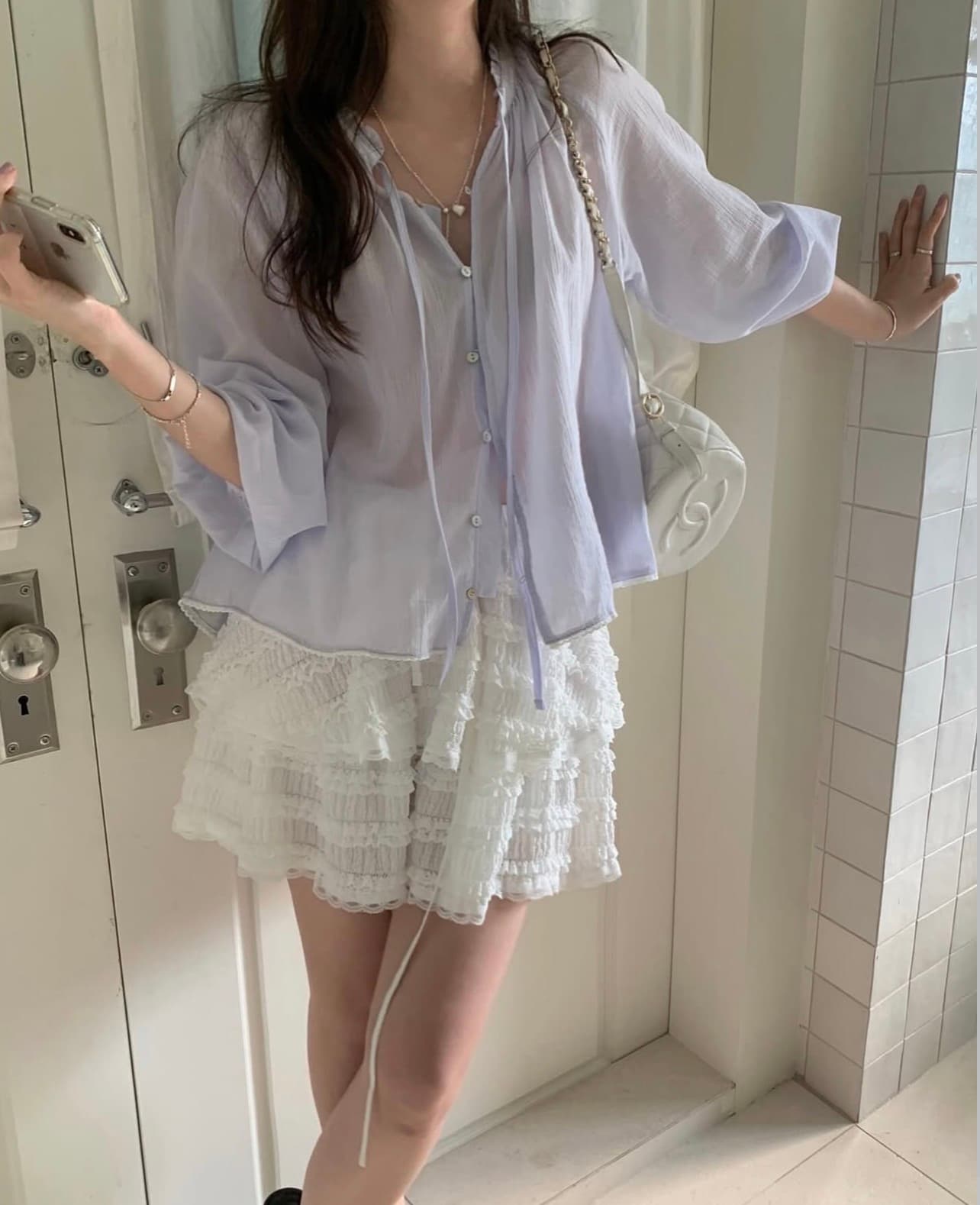 있음 선적 사이즈 업데이트 한국 chic 새로운 한 부서 얇은 스타일 레이스 칼라 리본 품격 다용도 셔츠 이미지 3