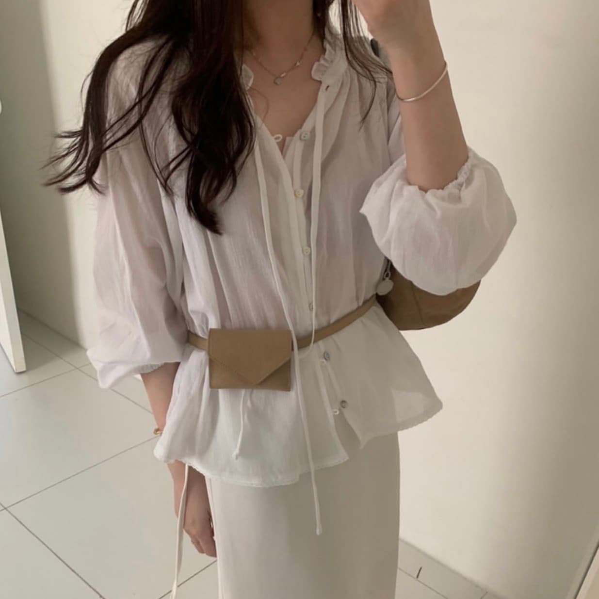 있음 선적 사이즈 업데이트 한국 chic 새로운 한 부서 얇은 스타일 레이스 칼라 리본 품격 다용도 셔츠 이미지 2