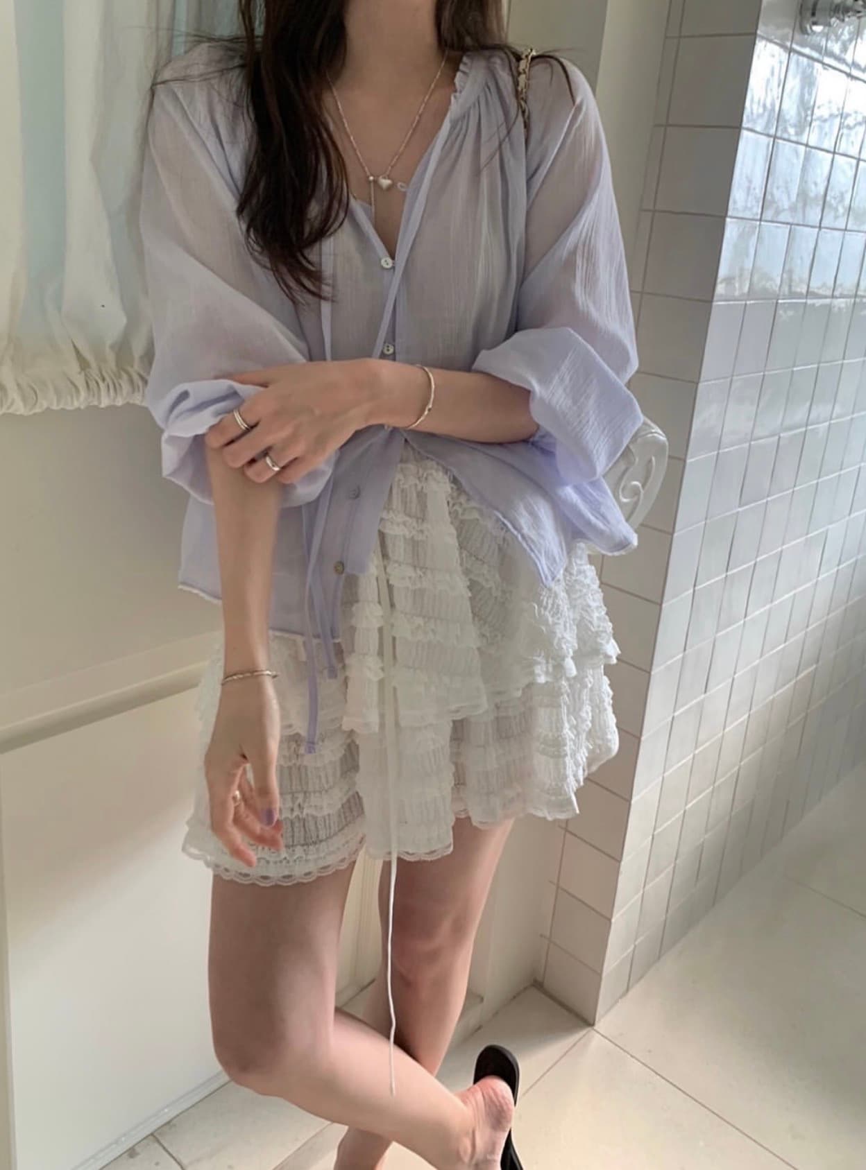 있음 선적 사이즈 업데이트 한국 chic 새로운 한 부서 얇은 스타일 레이스 칼라 리본 품격 다용도 셔츠 상세 이미지 6