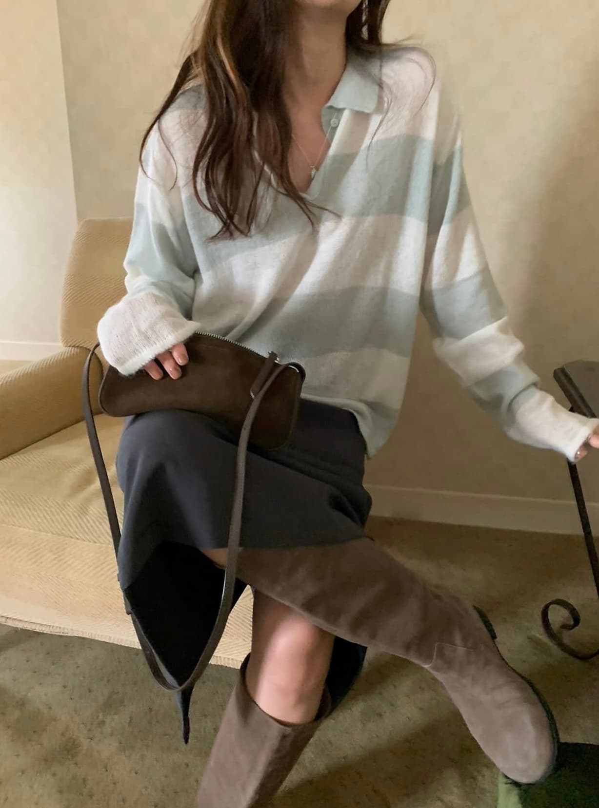 한국 chic 새로운 이른 가을 한 부서 폴로 칼라 스트라이프 루즈핏 긴팔 니트 스웨터 상세 이미지 2