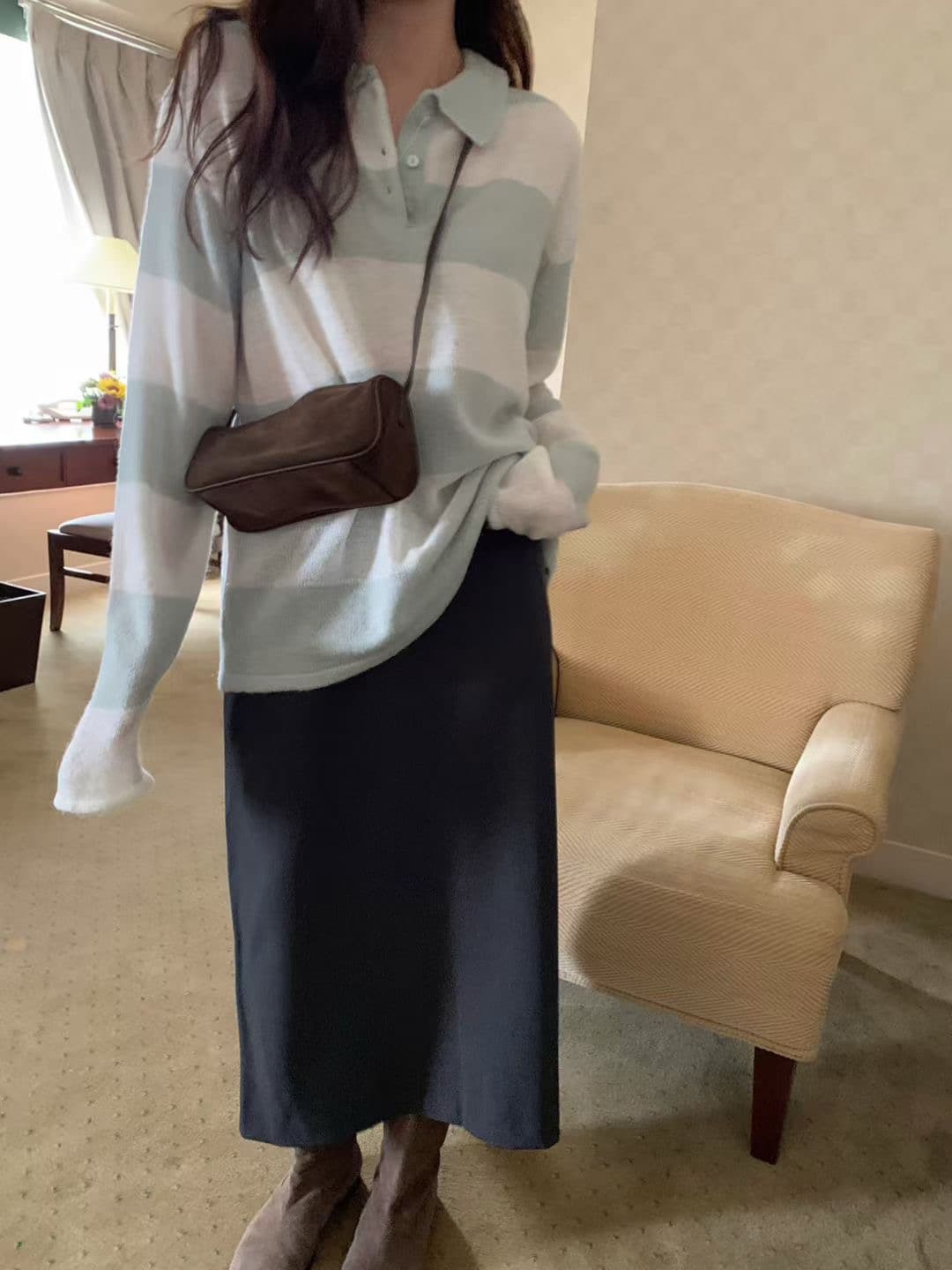 한국 chic 새로운 이른 가을 한 부서 폴로 칼라 스트라이프 루즈핏 긴팔 니트 스웨터 상세 이미지 10