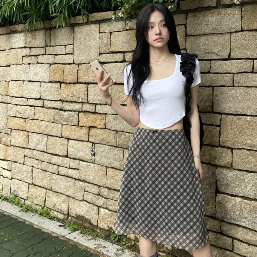 있음 선적 사이즈 업데이트 한국 chic 여름 새로운 프랑스식 레트로 체크무늬 반신 스커트 타이트 스커트 이미지 5