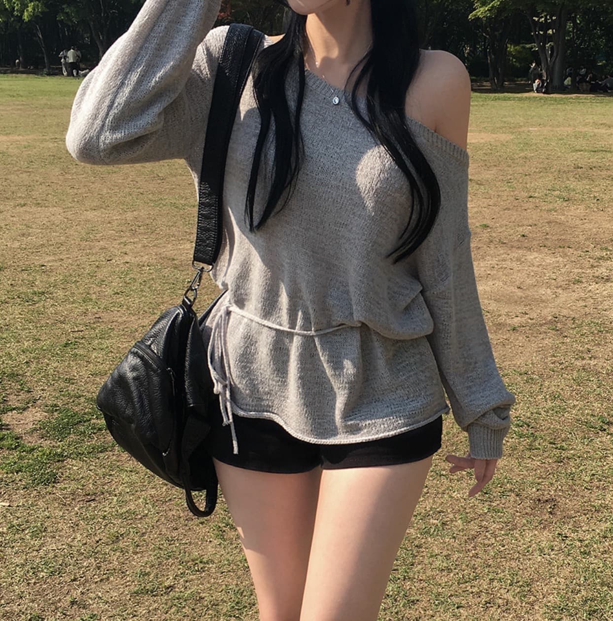 한국 chic 이른 가을 새로운 ins 오프숄더 고급 센스 순수한 색상 시스템 허리 슬림해 보이는 긴팔 니트 스웨터 상세 이미지 18