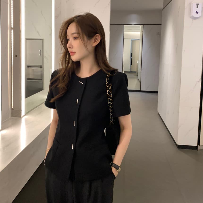있음 선적 사이즈 업데이트 한국 chic 여름 새로운 프랑스식 작은 샤넬 스타일 라운드 넥 반팔 작은 외투 이미지 2