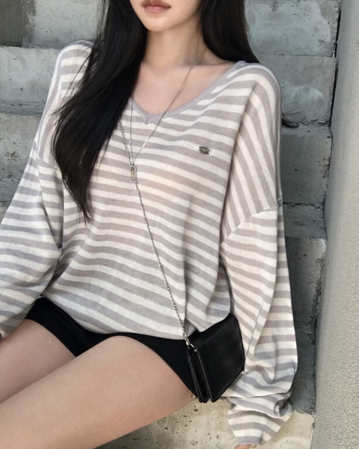 한국 chic 이른 가을 새로운 ins 빅 브이 넥 스트라이프 품격 느슨함 센스 긴팔 니트 스웨터 이미지 4