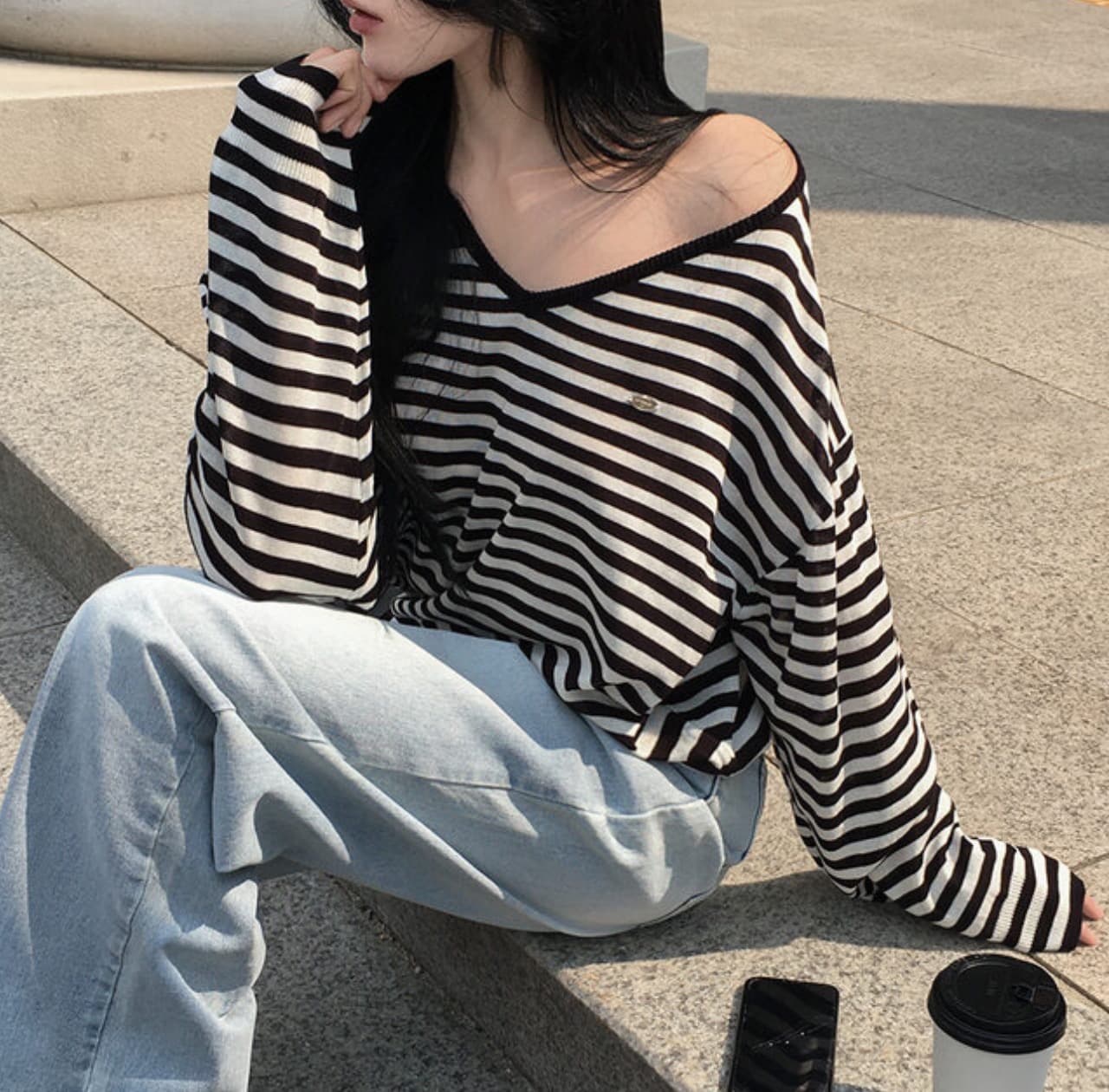 한국 chic 이른 가을 새로운 ins 빅 브이 넥 스트라이프 품격 느슨함 센스 긴팔 니트 스웨터