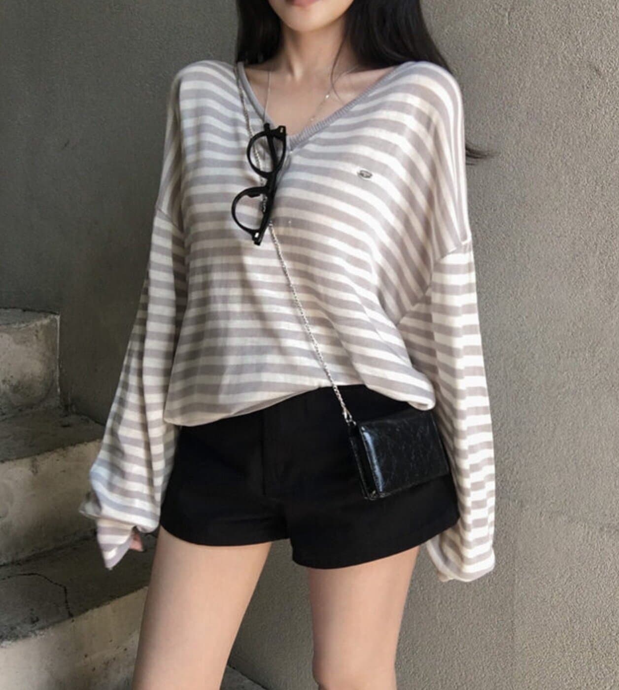 한국 chic 이른 가을 새로운 ins 빅 브이 넥 스트라이프 품격 느슨함 센스 긴팔 니트 스웨터 상세 이미지 16