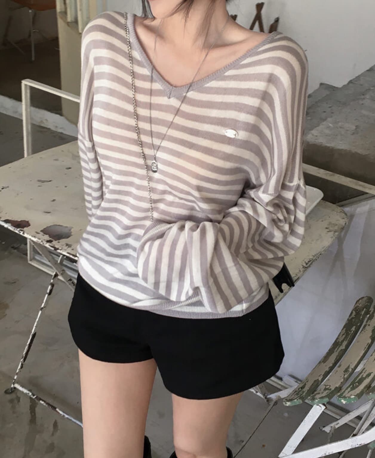 한국 chic 이른 가을 새로운 ins 빅 브이 넥 스트라이프 품격 느슨함 센스 긴팔 니트 스웨터 상세 이미지 20