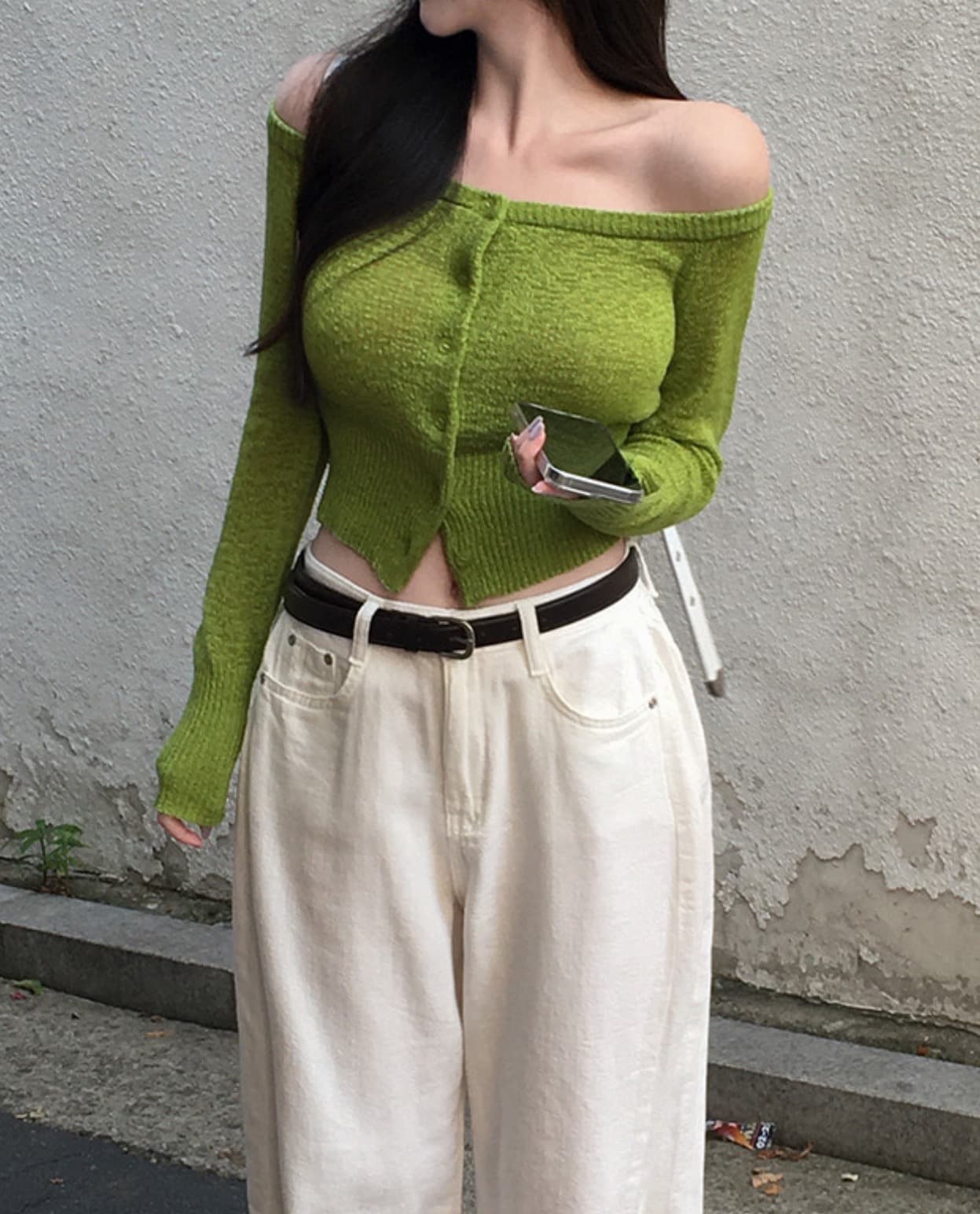 한국 chic 이른 가을 새로운 ins 한 단어 섹시함 슬림해 보이는 쇼트 스타일 긴팔 니트 오픈 가디건 상세 이미지 7