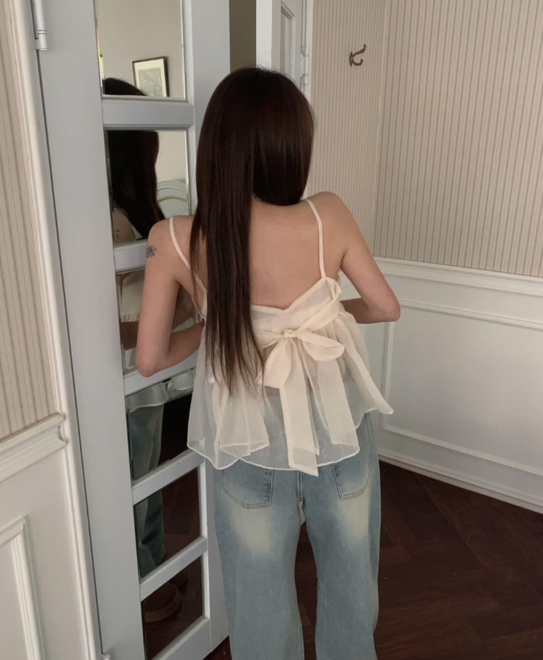 있음 선적 사이즈 업데이트 한국 chic 여름 새로운 뒤로 나비 넥타이 달콤함 시스루 캐미솔 상세 이미지 8