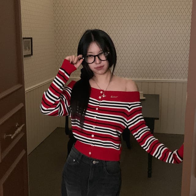 있음 선적 사이즈 업데이트 한국 chic 새로운 한 부서 오프숄더 스트라이프 니트 스웨터 상세 이미지 22