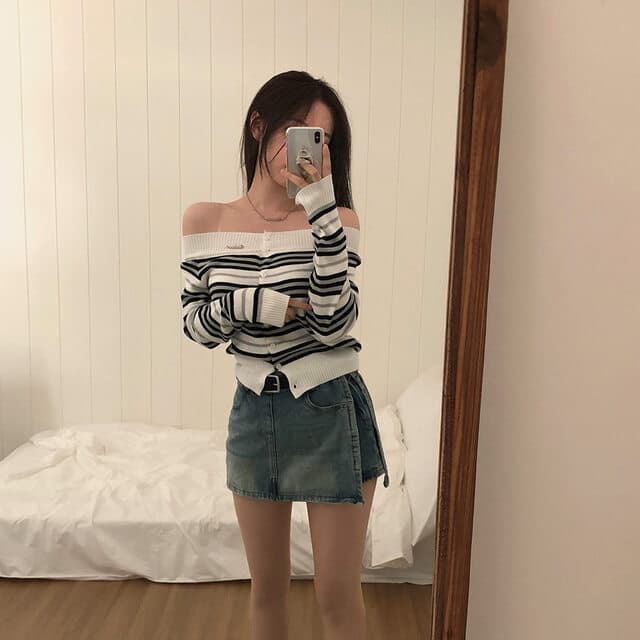 있음 선적 사이즈 업데이트 한국 chic 새로운 한 부서 오프숄더 스트라이프 니트 스웨터 상세 이미지 37