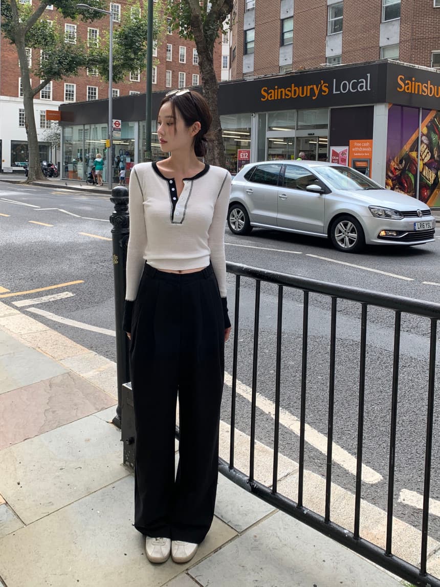 있음 선적 한국 chic 가을 새로운 디자인 센스 미니멀리즘 하이웨이스트 단추 넓은 다리 캐주얼 바지 상세 이미지 9