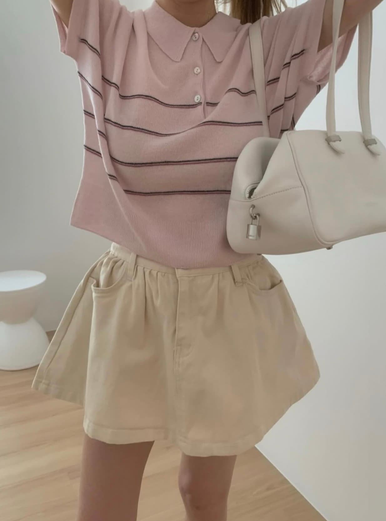있음 선적 사이즈 업데이트 한국 chic 여름 새로운 POLO 칼라 스트라이프 반팔 얇은 스타일 니트 스웨터 상세 이미지 1