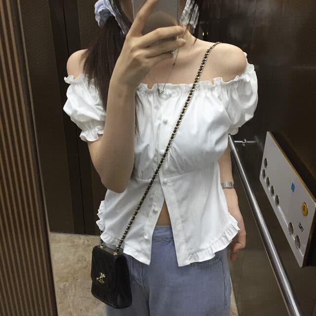 있음 선적 사이즈 업데이트 한국 chic 여름 새로운 오프숄더 보트넥 달콤함 프릴 반팔 셔츠