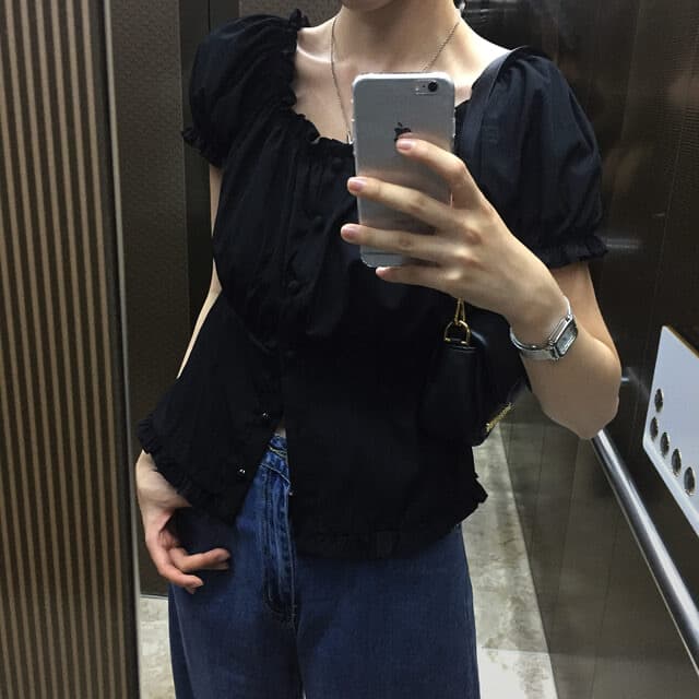 있음 선적 사이즈 업데이트 한국 chic 여름 새로운 오프숄더 보트넥 달콤함 프릴 반팔 셔츠 이미지 2