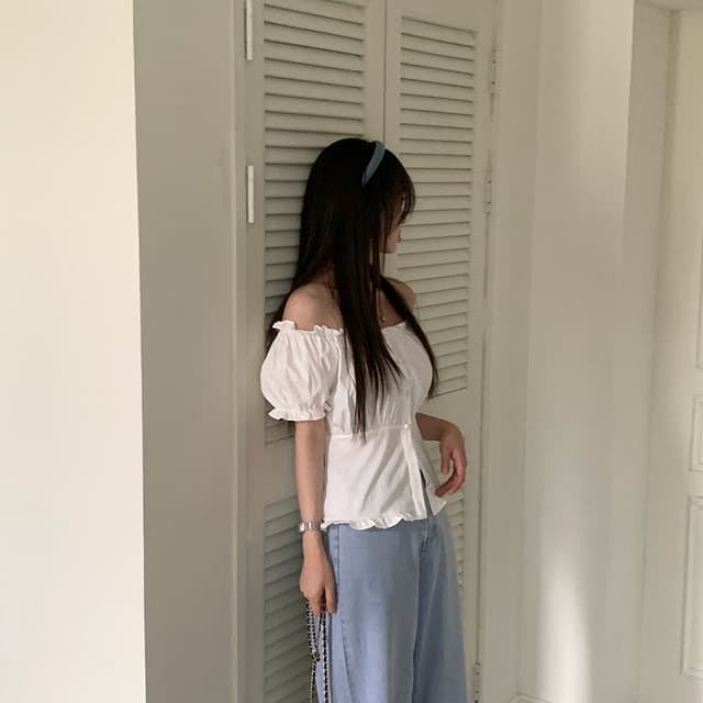 있음 선적 사이즈 업데이트 한국 chic 여름 새로운 오프숄더 보트넥 달콤함 프릴 반팔 셔츠 상세 이미지 36