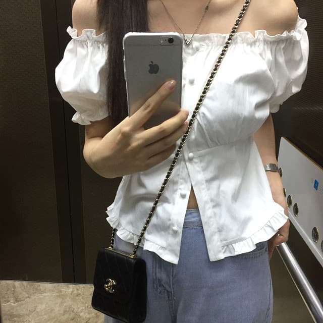 있음 선적 사이즈 업데이트 한국 chic 여름 새로운 오프숄더 보트넥 달콤함 프릴 반팔 셔츠 상세 이미지 37