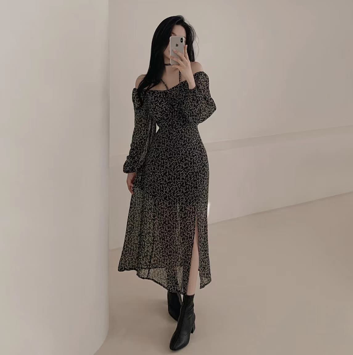 있음 선적 사이즈 업데이트 한국 chic 가을 새로운 오프숄더 거품 소매 꽃무늬 롱 스커트 트임 드레스 상세 이미지 2